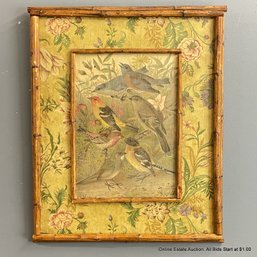 Vintage Style Bird Print Mounted On Panel In A Floral And Bamboo Frame