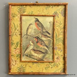 Vintage Style Bird Print Mounted On Panel In A Floral And Bamboo Frame