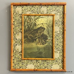 Vintage Style Frog Print On Panel In Floral Print And Bamboo Frame