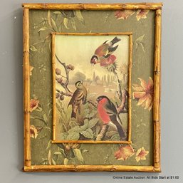 Vintage Style Bird Print On Panel In Floral Print And Bamboo Frame