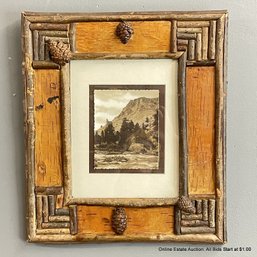 Vintage Style Twig And Birchbark Frame With Black And White Landscape Print