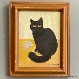 Black Cat With Telephone Painting On Canvas Signed