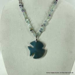 Green And Purple Fluorite Necklace With Large Stone Or Glass Fish Shaped Pendant