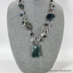 Green Stone And Silver Tone Charm Statement Necklace