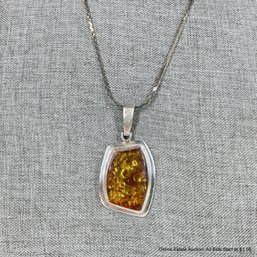 Sterling And Amber Pendant (18 Grams) On Silver Tone Chain