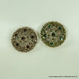 2 Large Gold Tone Domed Brooches With Green And Amber Rhinestones Unmarked