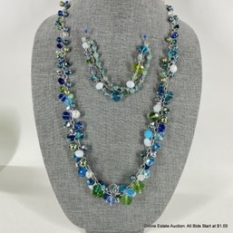 Fancy Seahawks Fan Glass Bead And Silver Tone Necklace And Bracelet Set In Velvet Presentation Box