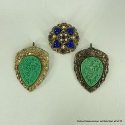 2 Vintage Faux Jade And Gold Tone Brooch/pendants 1 Made In West Geramny Gold Tone Pin With Lapis Stones