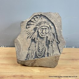 Etched Basalt Boulder With Indian Chief  (LOCAL PICK UP OR UPS STORE ONLY)