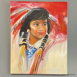 Acrylic On Canvas Of A Young Native American Girl With Braids Signed 'terry'