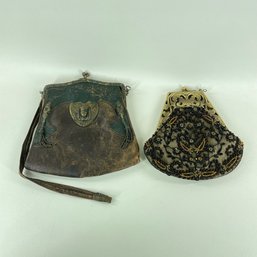 Vintage Egyptian Revival Leather Purse And A Silk Lined Beaded Purse