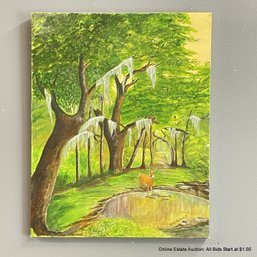 Painting On Canvas Of A Deer By A Pond Signed 'd. Karenko'