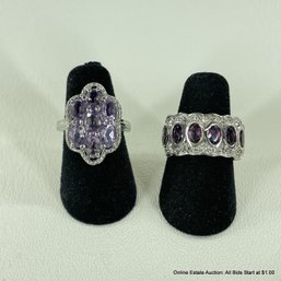 Pair Of Stainless Steel Rings With Amethyst Stones, Size 5