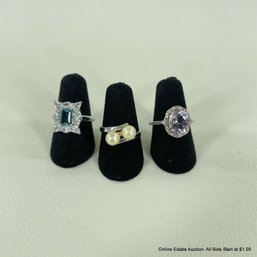 Three Silver Rings, Pearls, Spinel Stone, And A Topaz Stone, All Size 6 (10 Grams Total Weight)