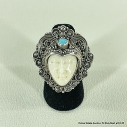 Sterling Silver 925 Ring With Face And Turquoise Detail , Size 5 (12 Grams Total Weight)