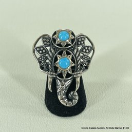 Sterling Silver 925 Ring Marked TJC W/ Elephantesque & Turquoise Stone Details Size 5 (10 Grams Total Weight)