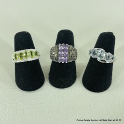 Three Sterling Silver Rings W/ Citrine, Aquamarine, And Purple Tourmaline, Size 5 (12 Grams Total Weight)