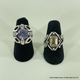 Two Sterling Silver 925 Rings With Citrine And Purple Topaz Stones Sizes 6 And 5 (13 Grams Total Weight)