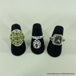 Three Sterling Silver 925 Rings W/ Mystic Fire Topaz, Quartz & Green Citrine Size 5 (13 Grams Total Weight)
