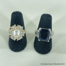 Two Stainless Steel Rings With Blue Iolite And Pearl Settings With CZ Accents, Size 6