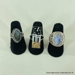 Three Sterling Silver 925 Ring With Opals And Mother Of Pearl, Sizes 5 And 6 (18 Grams Total Weight)