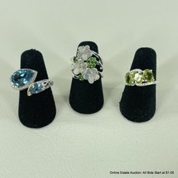 Sterling Silver 925 Rings With Opal And Emerald, Blue Topaz, And Green Citrine, Size 5 (12 Grams Total Weight)