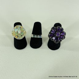 Three Sterling Silver 925 Rings With Opals, Amethysts, And Abalone, Size 5 (20 Grams Total Weight)