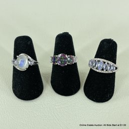 Three Sterling Silver Rings With Mystic Fire Topaz, Opals, And Tanzanite, Size 5 (7 Grams Total Weight)