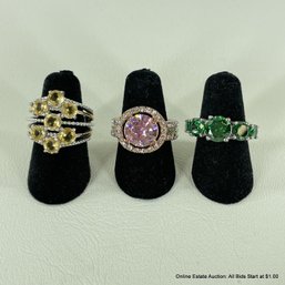 Three Stainless Steel Fashion Rings With Pink, Yellow, And Green Stones, Sizes  5 And 6