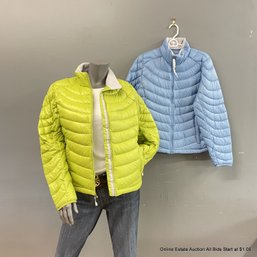 Two Lands' End Women's Puffer Coats In Lime And Pale Blue, Size Medium