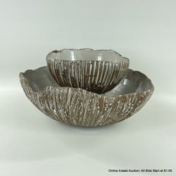 Two Decorative Pottery Ceramic Bowls With Glazed Interior