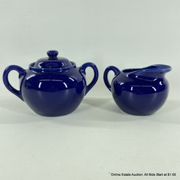 Glazed Blue Ceramic Pottery Creamer And Sugar
