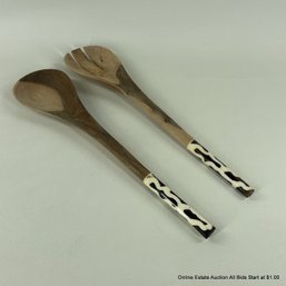 Wood Salad Tongs With Painted Horn Handles