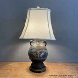 Patinated Bronze Champleve Chinese Lamp With Wood Base (LOCAL PICKUP OR UPS STORE SHIP ONLY)