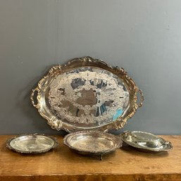 Silver Plate Large Serving Tray And Three Assorted Serving Dishes