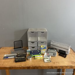 Large Lot Of Desk And Office Supplies, Brother Labeler, Calculator, Wire Basket Drawers, Business Card Holders