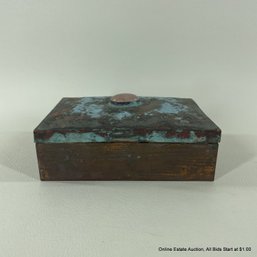 Vintage Patinated Copper Box With Glass Stone Detail On Hinged Top