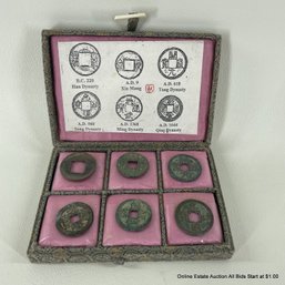 Archaic Chinese Coins From Han, Xin Mang, Tang, Song, Ming, And Qing Dynasties In Box With Reference Guide