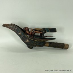 Ken Kidder Carved Wood Raven Rattle With Leather Wrapped Handle