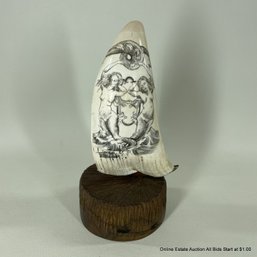 Scrimshawed Sperm Whale Tooth On Custom Wood And Bronze Stand