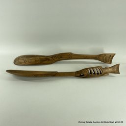 2 Ken Kidder Carved Wood Oversized Spoons Northwest Coast Style