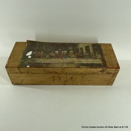 Vintage Gold Washed Wood Box With Last Supper Decal On Lid