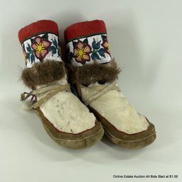 Pair Of Hide, Fur And Beadwork Moccasins