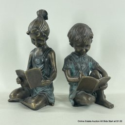Pair Of Vintage Bronze Bookends Girl & Boy With Books