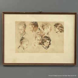 Lithograph Of A Conte Crayon Drawing Studies Of A Girl