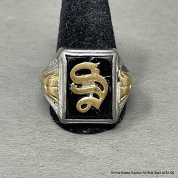 Sterling Silver And Gold Plated Signet Ring With Black Onyx Stone 6.8 Grams Size 12