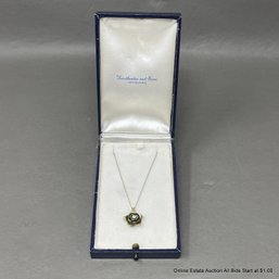Antiqued 14K Yellow Gold Necklace With Flower And Diamond Pendant On 18 Inch Chain In Original Box 3.4 Grams