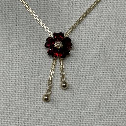 14K Yellow Gold Necklace With Garnet And Diamond Melee  Floral Pendant On 18 Inch Chain 5.6 Grams
