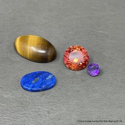 Four Loose Assorted Gem Stones, Tigers Eye, Lapis Lazuli, Topaz, Amethyst