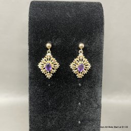 14K Yellow Gold And Amethyst Post-Back Earrings 3.4 Grams